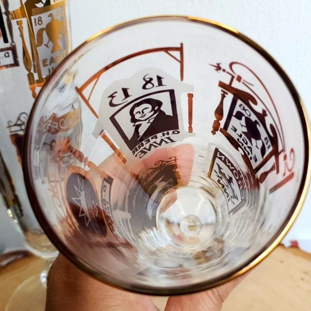 Vintage Libbey Pedastal Beer Glasses Pub and Inns Gold Detail Set of Two